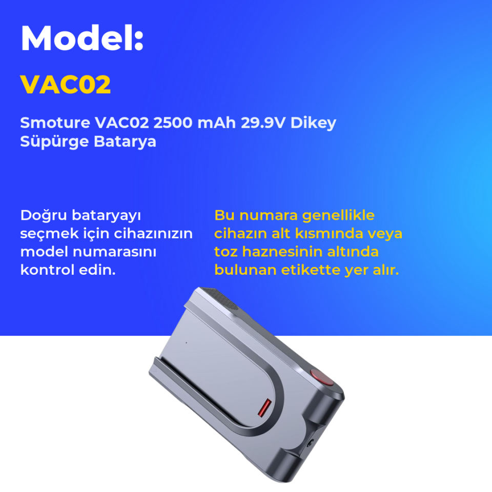 Smoture VAC02 2500 mAh 29.9V Dikey Süpürge Batarya