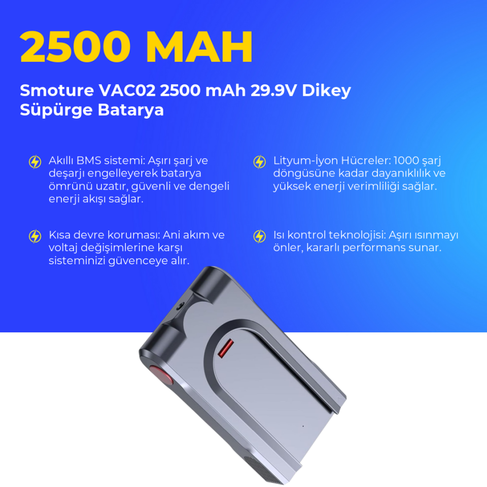 Smoture VAC02 2500 mAh 29.9V Dikey Süpürge Batarya