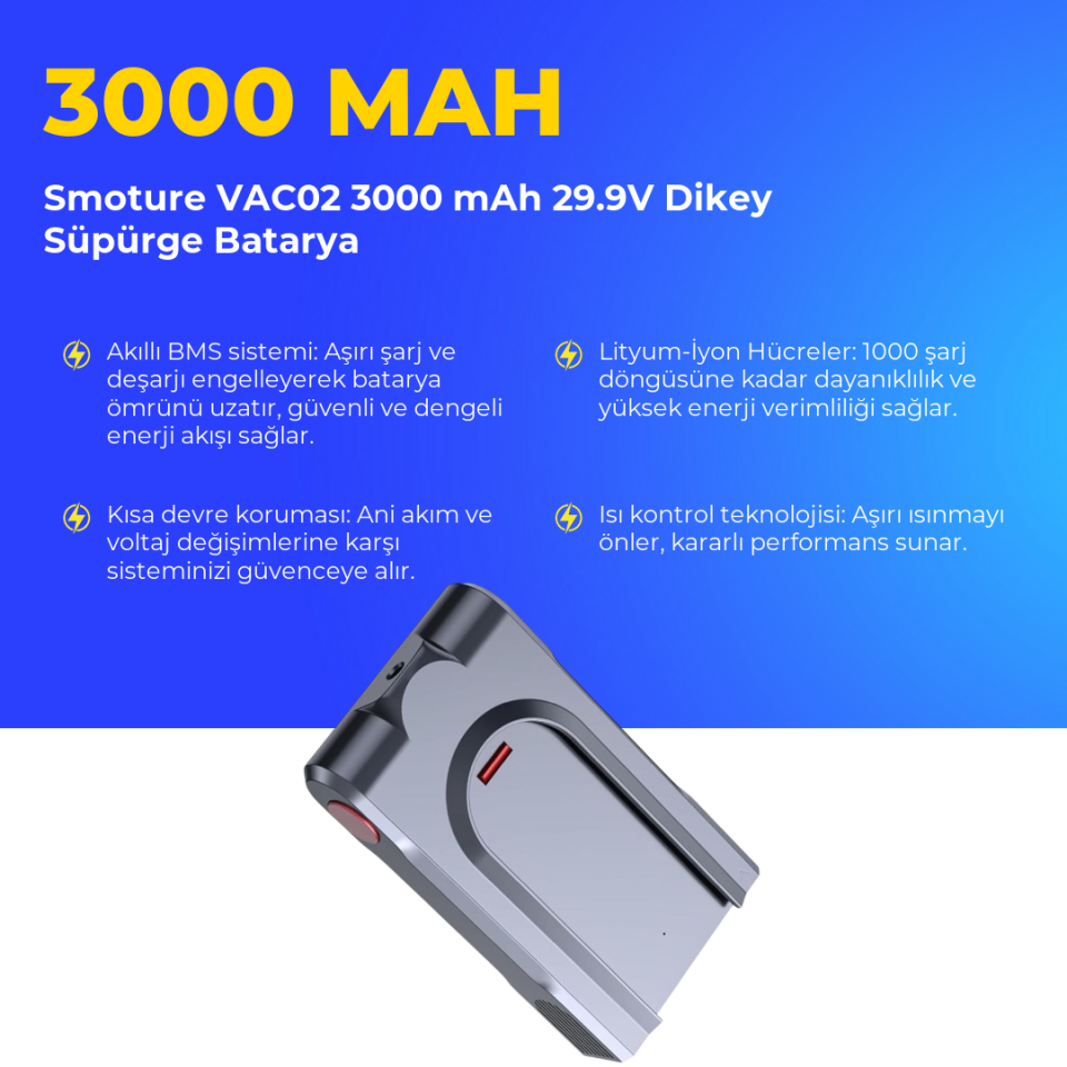 Smoture VAC02 3000 mAh 29.9V Dikey Süpürge Batarya