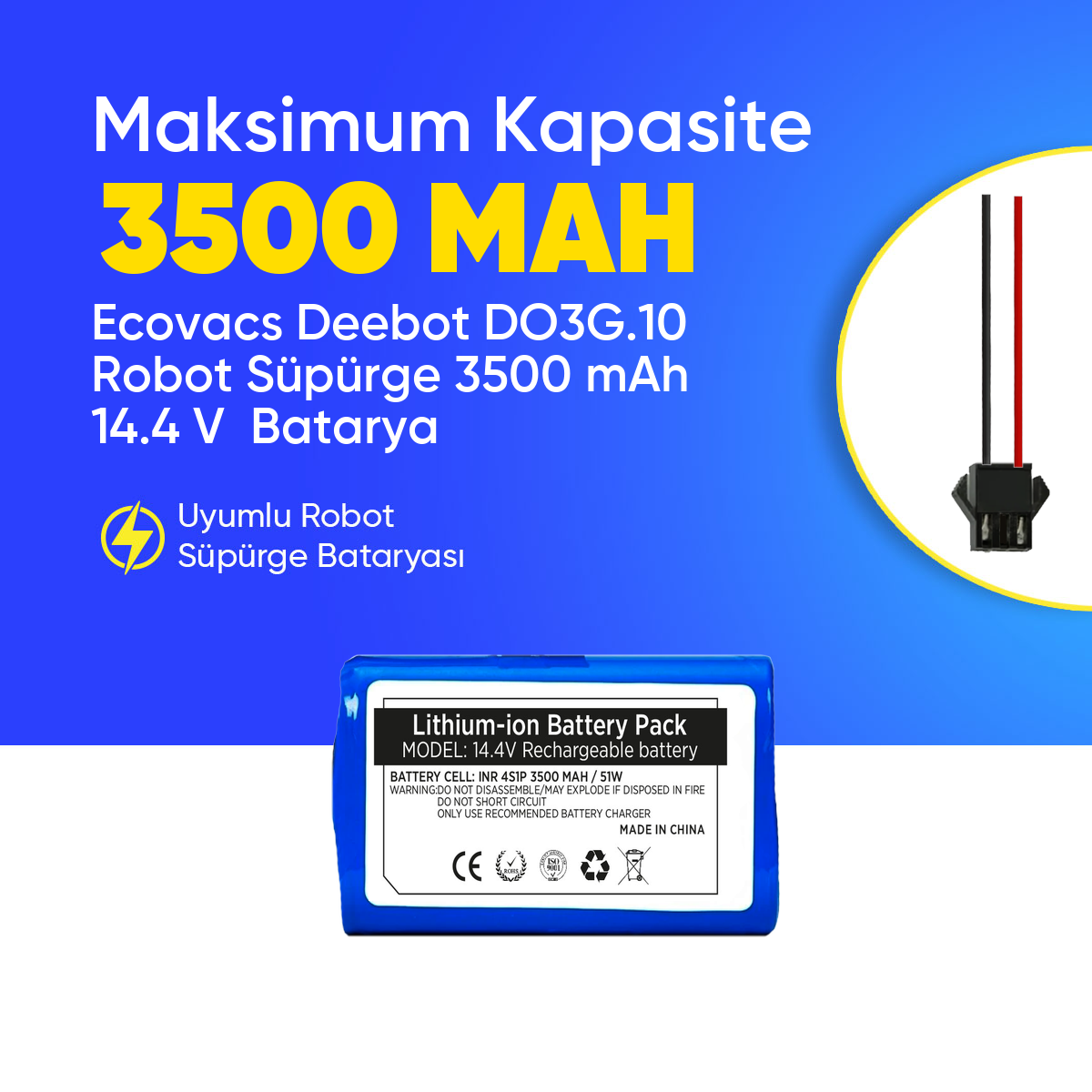 Ecovacs Deebot DO3G.10 Robot Süpürge 3500 mAh 14.4 V  Batarya – Orjinal Uyumlu Uzun Ömürlü, Yüksek Performans Pil
