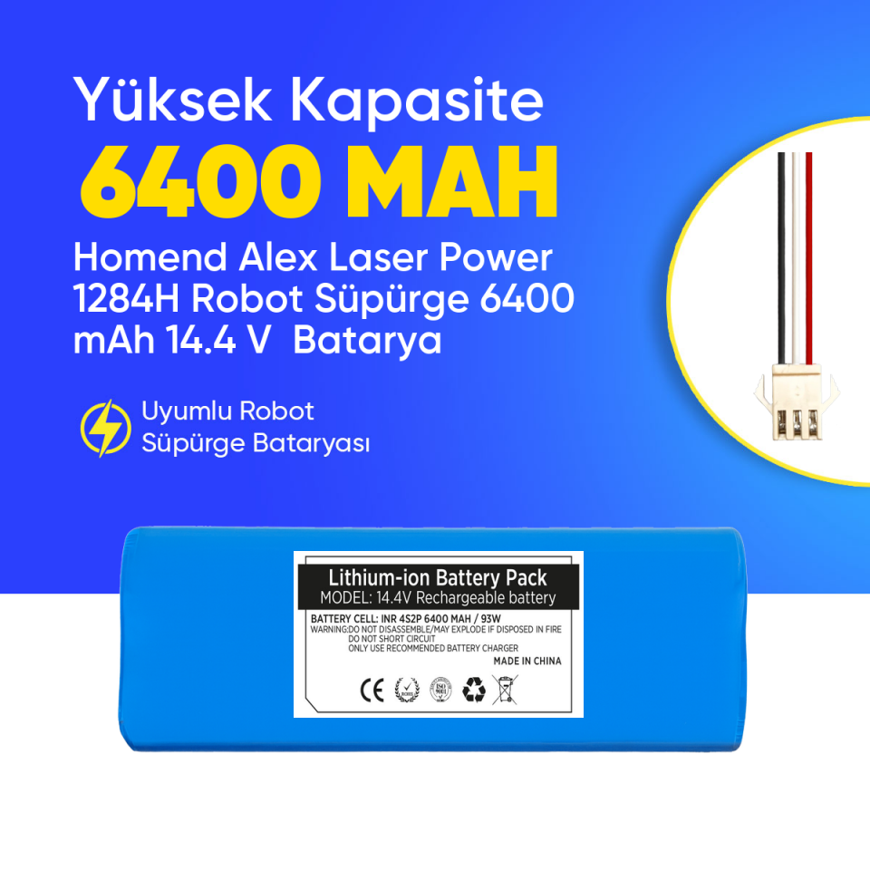Homend Alex Laser Power 1284H Robot Süpürge 6400 mAh 14.4 V  Batarya – Orjinal Uyumlu Uzun Ömürlü, Yüksek Performans Pil