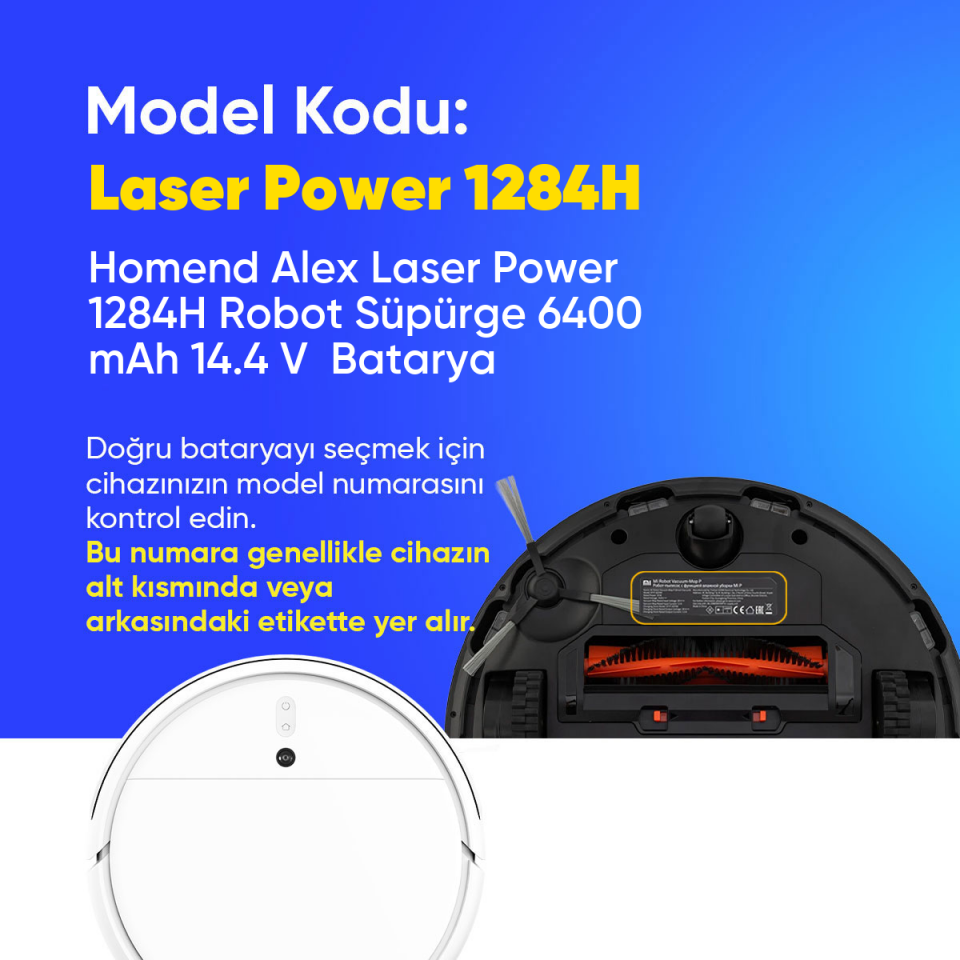 Homend Alex Laser Power 1284H Robot Süpürge 6400 mAh 14.4 V  Batarya – Orjinal Uyumlu Uzun Ömürlü, Yüksek Performans Pil