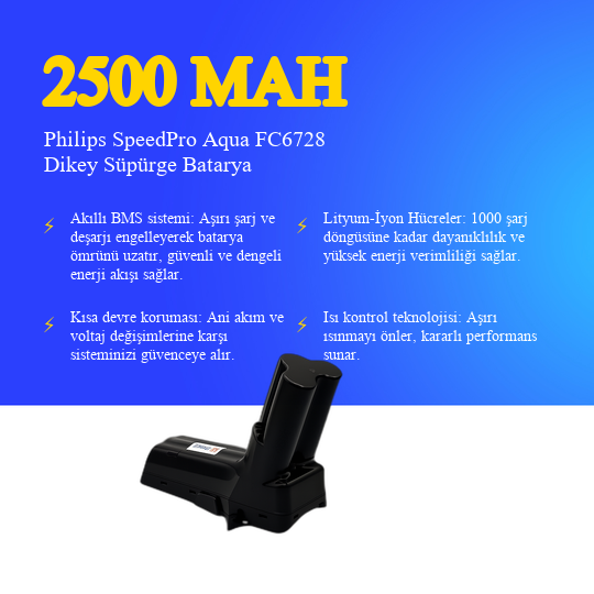Philips SpeedPro Aqua FC6728 Dikey Süpürge 2500 Mah 25.2 V Batarya – Orjinal Uyumlu Uzun Ömürlü, Maksimum Performans Pil