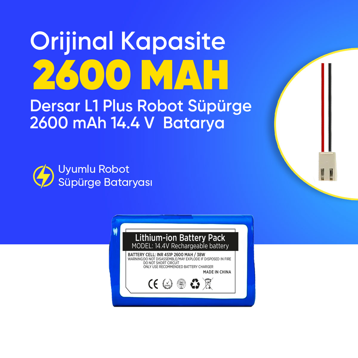 Dersar L1 Plus Robot Süpürge 2600 mAh 14.4 V  Batarya – Orjinal Uyumlu Uzun Ömürlü, Yüksek Performans Pil
