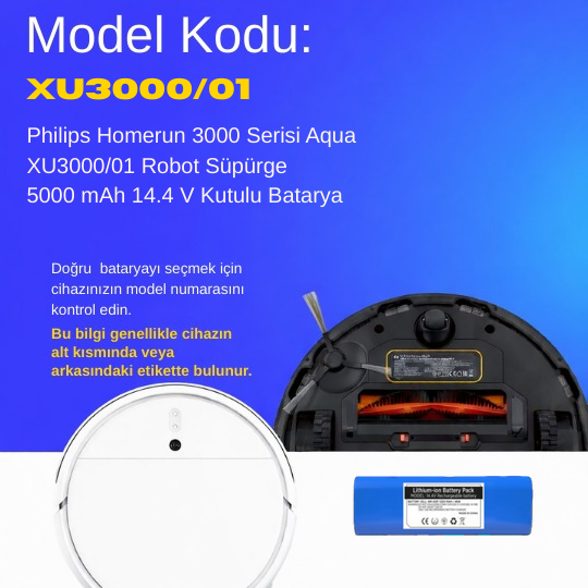 Philips Homerun 3000 Serisi Aqua XU3000/01 Robot Süpürge 5000 mAh 14.4 V Kutulu Batarya – Orjinal Uyumlu Uzun Ömürlü, Yüksek Performans Pil