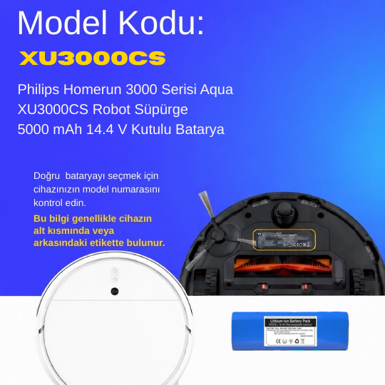 Philips Homerun 3000 Serisi Aqua XU3000CS Robot Süpürge 5000 mAh 14.4 V Kutulu Batarya – Orjinal Uyumlu Uzun Ömürlü, Yüksek Performans Pil