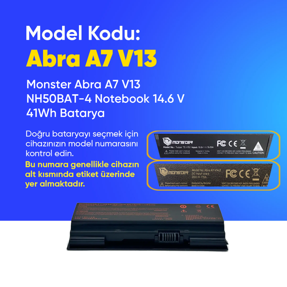 Monster Abra A7 V13 NH50BAT-4 Notebook 14.6 V 41Wh Batarya – Orjinal Uyumlu, Yüksek Performanslı