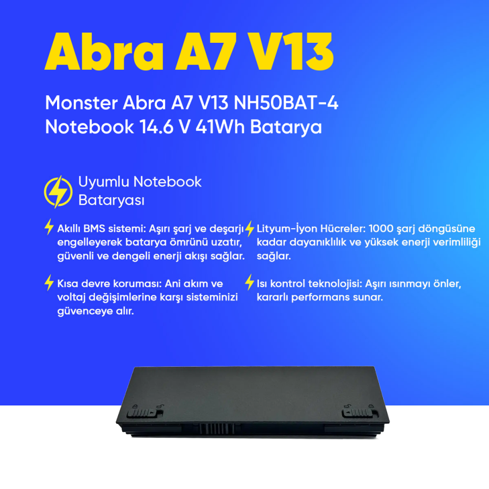 Monster Abra A7 V13 NH50BAT-4 Notebook 14.6 V 41Wh Batarya – Orjinal Uyumlu, Yüksek Performanslı