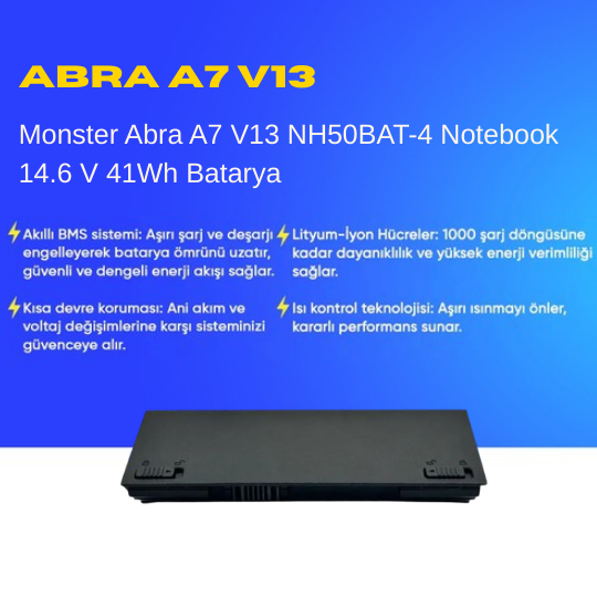 Monster Abra A7 V13 NH50BAT-4 Notebook 14.6 V 41Wh Batarya – Orjinal Uyumlu, Yüksek Performanslı