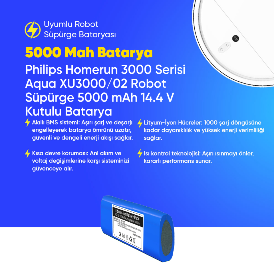 Philips Homerun 3000 Serisi Aqua XU3000/02 Robot Süpürge 5000 mAh 14.4 V Kutulu Batarya – Orjinal Uyumlu Uzun Ömürlü, Yüksek Performans Pil