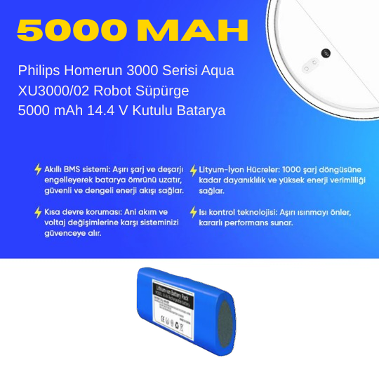Philips Homerun 3000 Serisi Aqua XU3000/02 Robot Süpürge 5000 mAh 14.4 V Kutulu Batarya – Orjinal Uyumlu Uzun Ömürlü, Yüksek Performans Pil