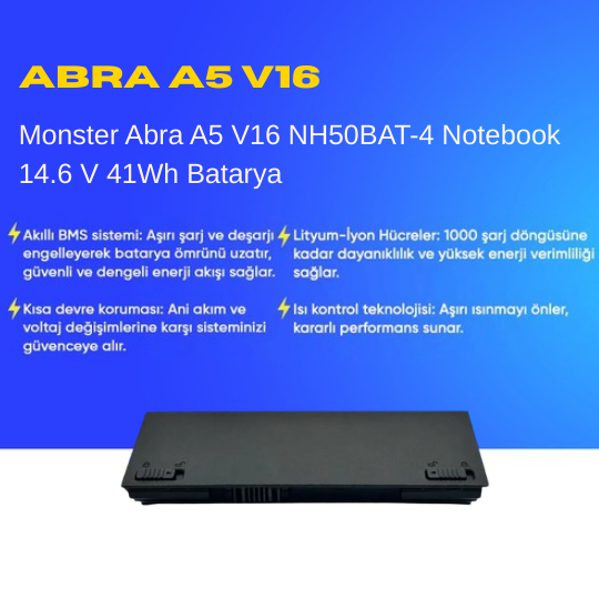 Monster Abra A5 V16 NH50BAT-4 Notebook 14.6 V 41Wh Batarya – Orjinal Uyumlu, Yüksek Performanslı