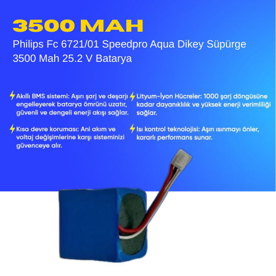 Philips Fc 6721/01 Speedpro Aqua Dikey Süpürge 3500 Mah 25.2 V Batarya – Orjinal Uyumlu Uzun Ömürlü, Yüksek Performans Pil