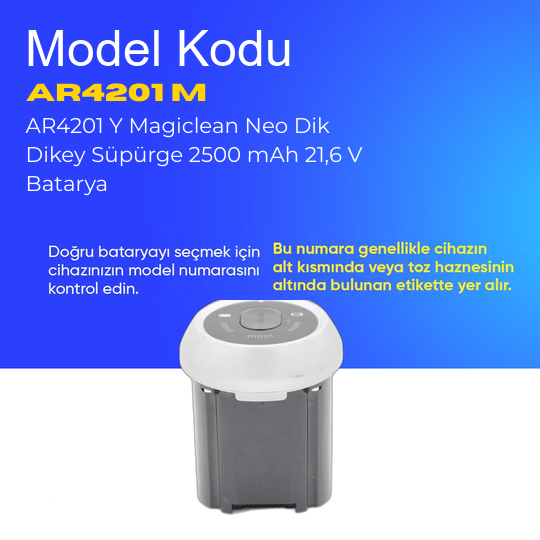 AR4201 Y Magiclean Neo Dik Dikey Süpürge 2500 mAh 21,6 V  Batarya – Orjinal Uyumlu Uzun Ömürlü, Yüksek Performans Pil