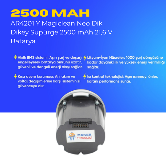 AR4201 Y Magiclean Neo Dik Dikey Süpürge 2500 mAh 21,6 V  Batarya – Orjinal Uyumlu Uzun Ömürlü, Yüksek Performans Pil