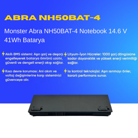 Monster Abra NH50BAT-4 Notebook 14.6 V 41Wh Batarya – Orjinal Uyumlu, Yüksek Performanslı