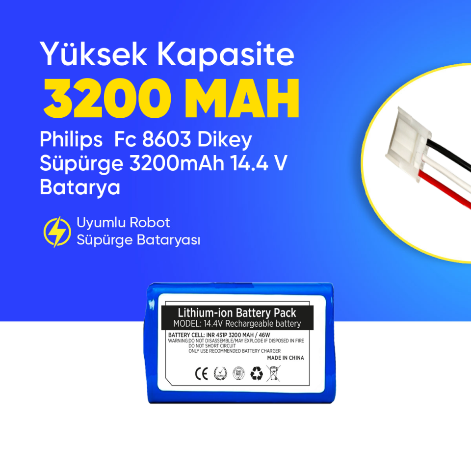 Philips  Fc 8603 Dikey Süpürge 3200mAh 14.4 V Batarya – Orjinal Uyumlu Uzun Ömürlü, Yüksek Performans Pil