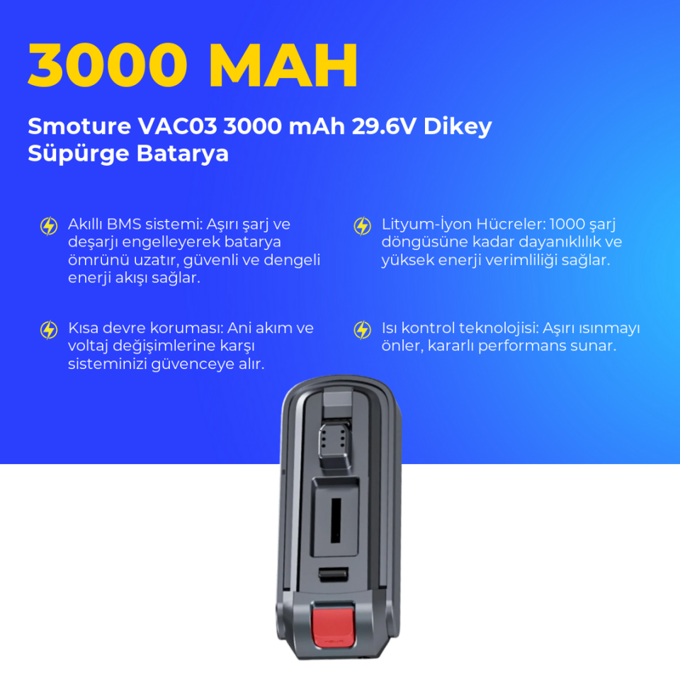Smoture VAC03 3000 mAh 29.6V Dikey Süpürge Batarya