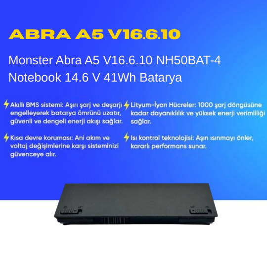 Monster Abra A5 V16.6.10 NH50BAT-4 Notebook 14.6 V 41Wh Batarya – Orjinal Uyumlu, Yüksek Performanslı