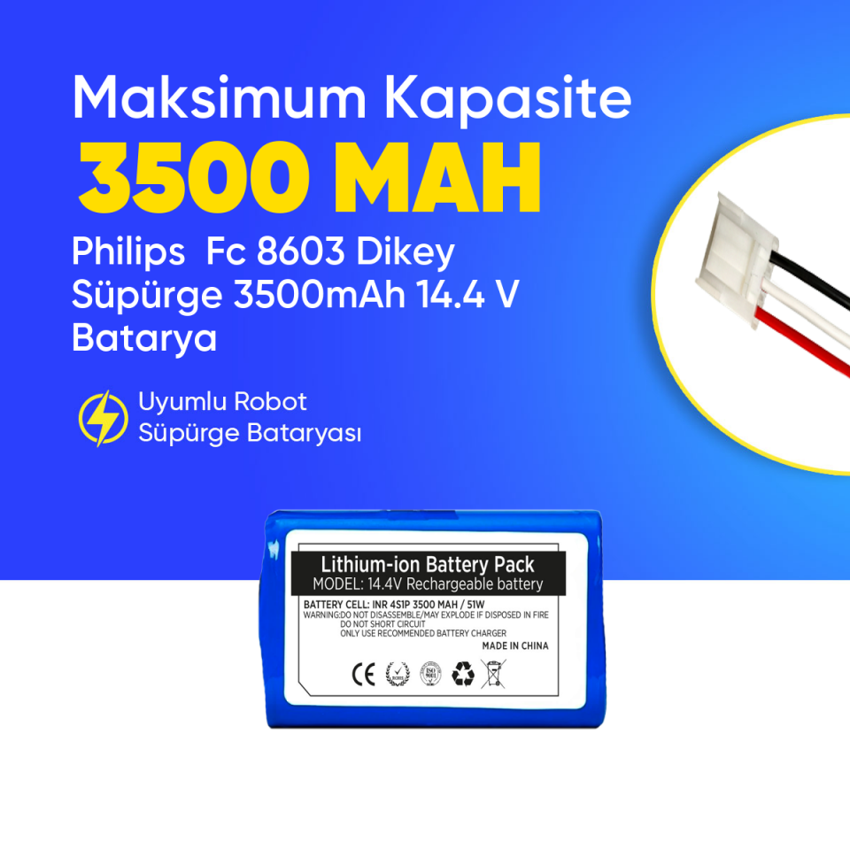 Philips  Fc 8603 Dikey Süpürge 3500mAh 14.4 V Batarya – Orjinal Uyumlu Uzun Ömürlü, Yüksek Performans Pil