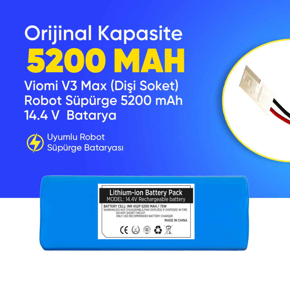 Viomi V3 Max (Dişi Soket) Robot Süpürge 5200 mAh 14.4 V  Batarya – Orjinal Uyumlu Uzun Ömürlü, Yüksek Performans Pil