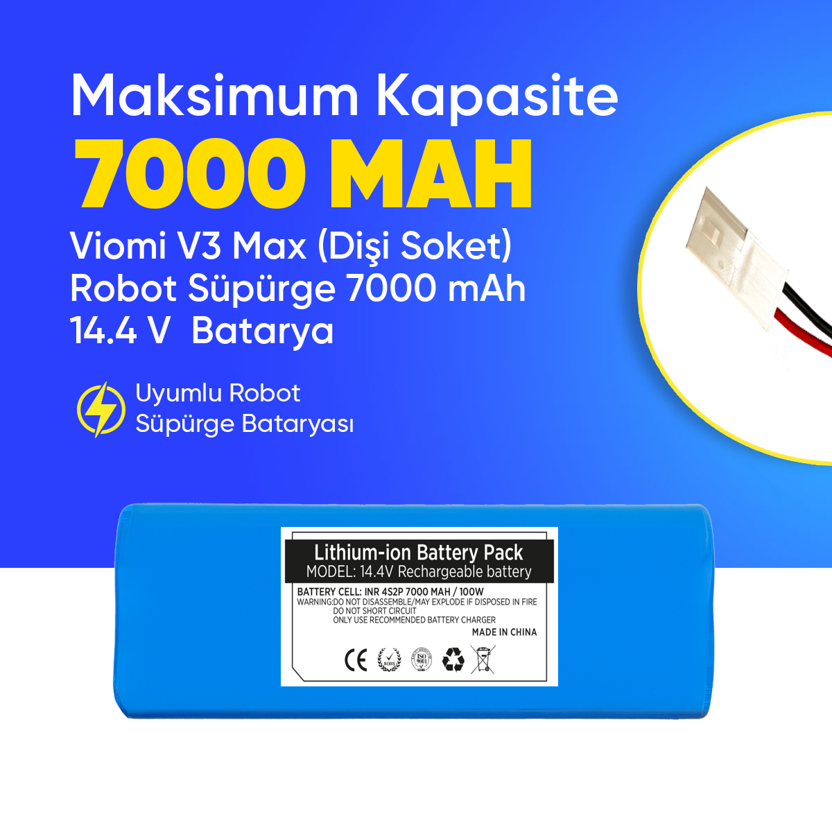 Viomi V3 Max (Dişi Soket) Robot Süpürge 7000 mAh 14.4 V  Batarya – Orjinal Uyumlu Uzun Ömürlü, Yüksek Performans Pil