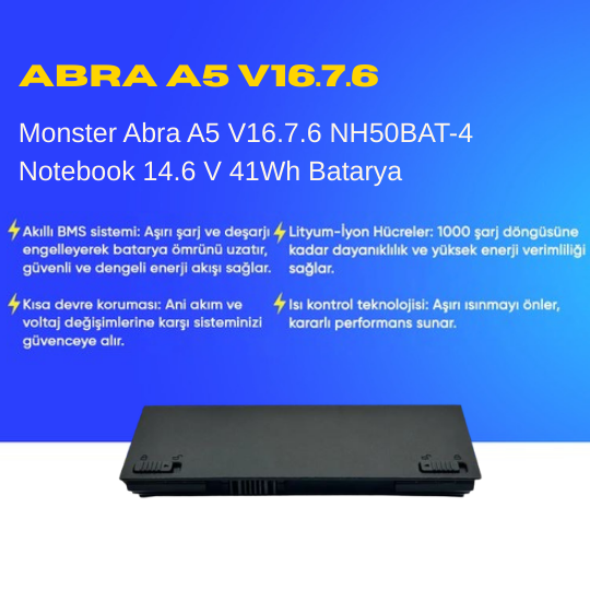 Monster Abra A5 V16.7.6 NH50BAT-4 Notebook 14.6 V 41Wh Batarya – Orjinal Uyumlu, Yüksek Performanslı