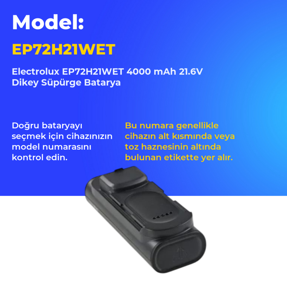 Electrolux EP72H21WET 4000 mAh 21.6V Dikey Süpürge Batarya