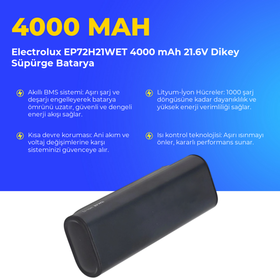 Electrolux EP72H21WET 4000 mAh 21.6V Dikey Süpürge Batarya