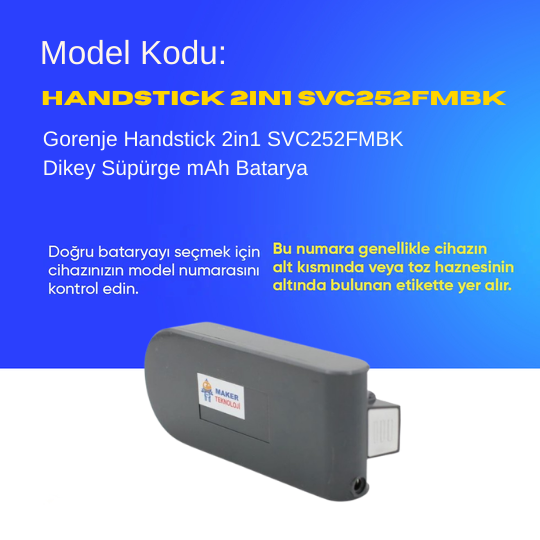 Gorenje Handstick 2in1 SVC252FMBK Dikey Süpürge 2500 mAh   Batarya – Orjinal Uyumlu Uzun Ömürlü, Yüksek Performans Pil