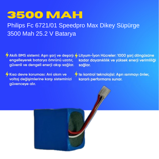 Philips Fc 6721/01 Speedpro Max Dikey Süpürge 3500 Mah 25.2 V Batarya – Orjinal Uyumlu, Yüksek Performanslı, Uzun Ömürlü Yedek Pil