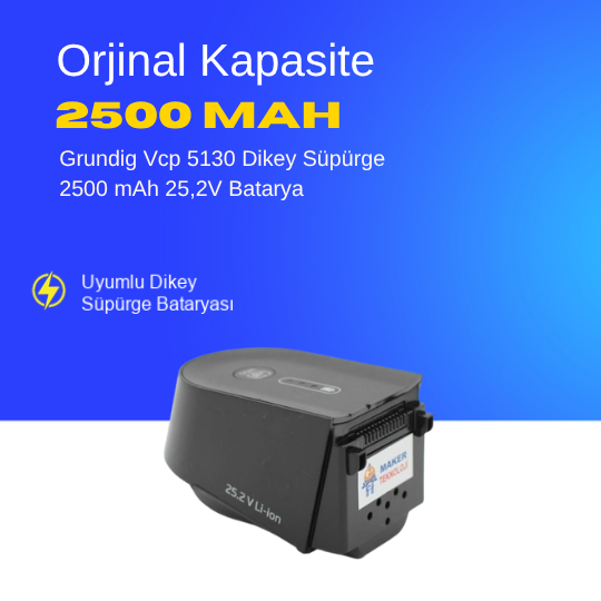 Grundig Vcp 5130 Dikey Süpürge 2500 mAh 25,2V  Batarya – Orjinal Uyumlu Uzun Ömürlü, Yüksek Performans Pil
