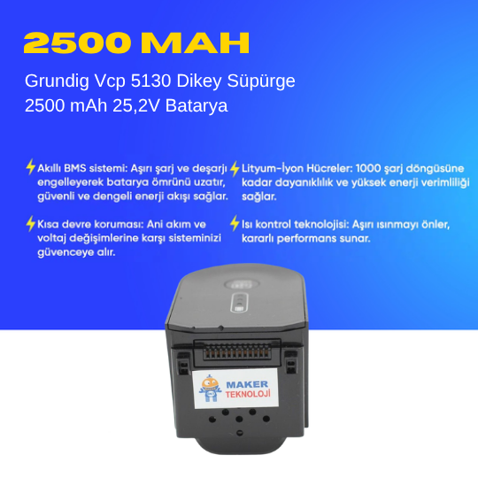 Grundig Vcp 5130 Dikey Süpürge 2500 mAh 25,2V  Batarya – Orjinal Uyumlu Uzun Ömürlü, Yüksek Performans Pil