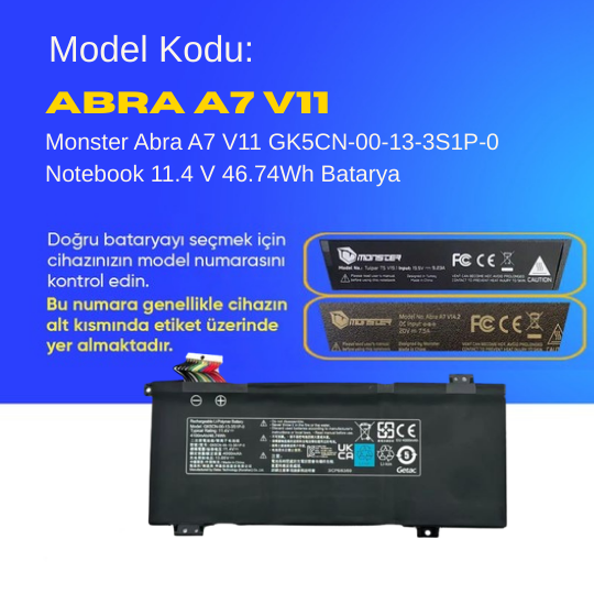 Monster Abra A7 V10 GK5CN-00-13-3S1P-0 Notebook 11.4 V 46.74Wh Batarya – Orjinal Uyumlu, Yüksek Performanslı