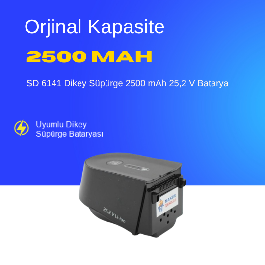 Arçelik SD 6141 Dikey Süpürge 2500 mAh 25,2 V  Batarya – Orjinal Uyumlu Uzun Ömürlü, Yüksek Performans Pil