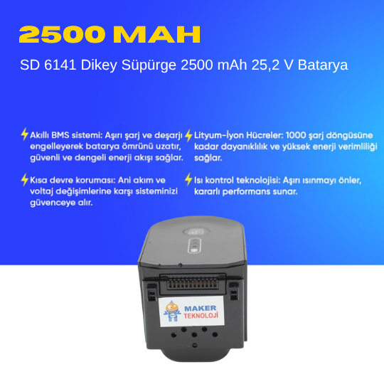SD 6141 Dikey Süpürge 2500 mAh 25,2 V  Batarya – Orjinal Uyumlu Uzun Ömürlü, Yüksek Performans Pil