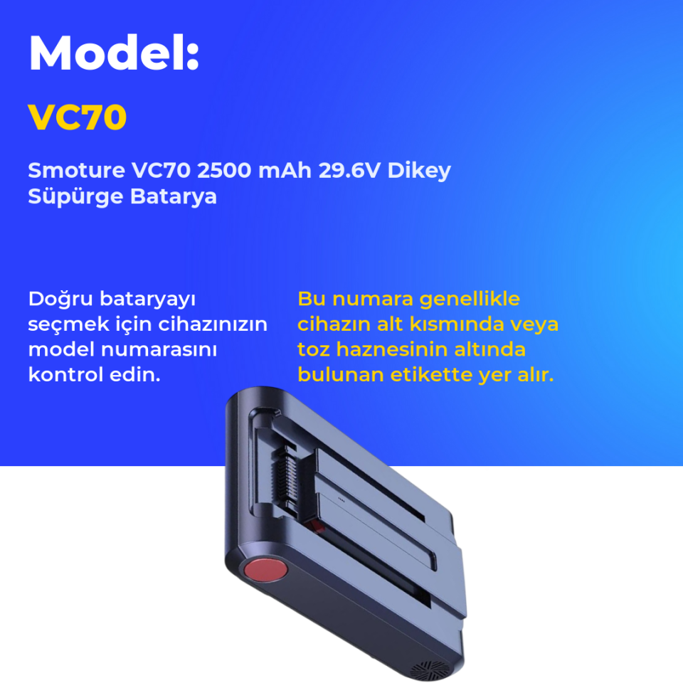 Smoture VC70 2500 mAh 29.6V Dikey Süpürge Batarya