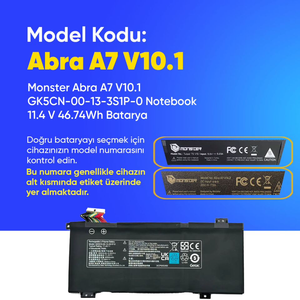 Monster Abra A7 V10.1 GK5CN-00-13-3S1P-0 Notebook 11.4 V 46.74Wh Batarya – Orjinal Uyumlu, Yüksek Performanslı