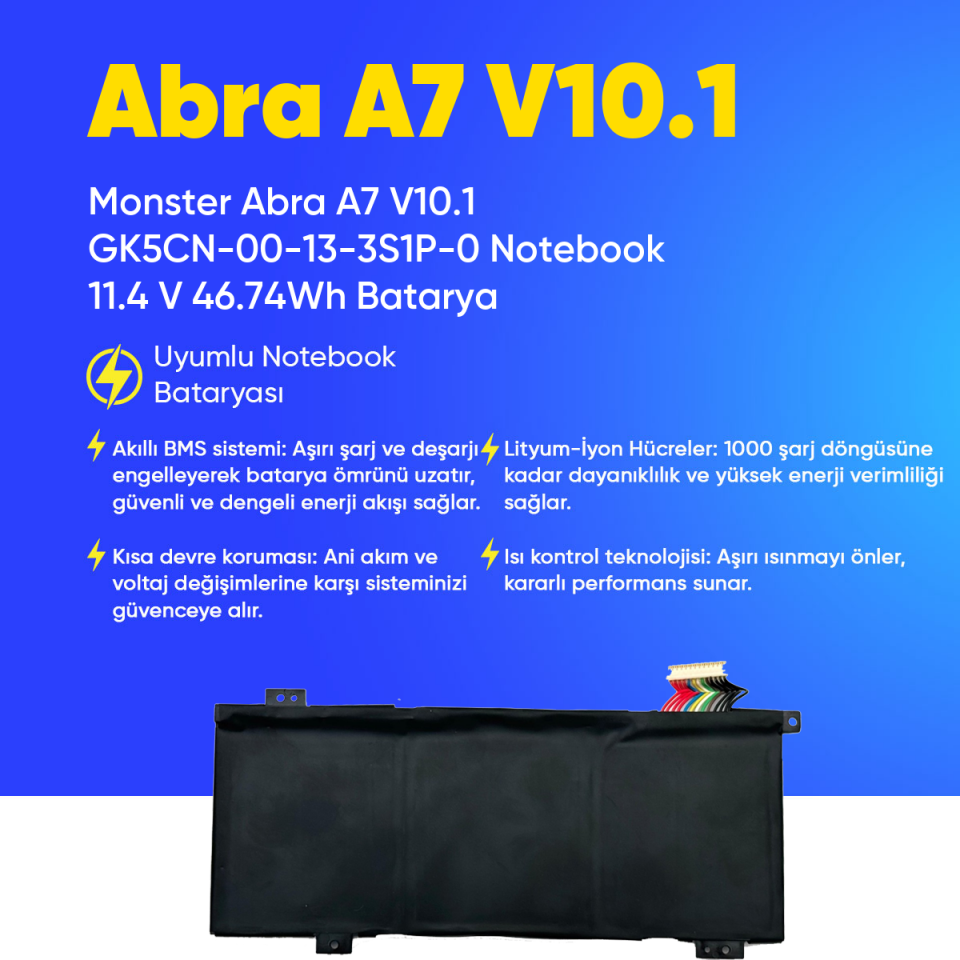 Monster Abra A7 V10.1 GK5CN-00-13-3S1P-0 Notebook 11.4 V 46.74Wh Batarya – Orjinal Uyumlu, Yüksek Performanslı