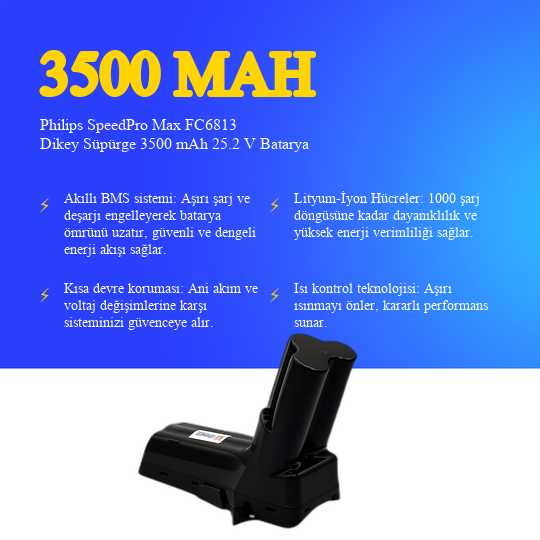 Philips SpeedPro Max FC6813 Dikey Süpürge 3500 Mah 25.2 V Batarya – Orjinal Uyumlu Uzun Ömürlü, Maksimum Performans Pil