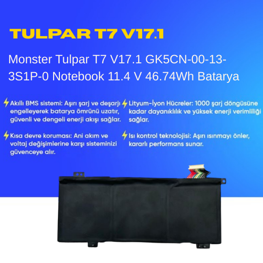 Monster Tulpar T7 V17.1 GK5CN-00-13-3S1P-0 Notebook 11.4 V 46.74Wh Batarya – Orjinal Uyumlu, Yüksek Performanslı