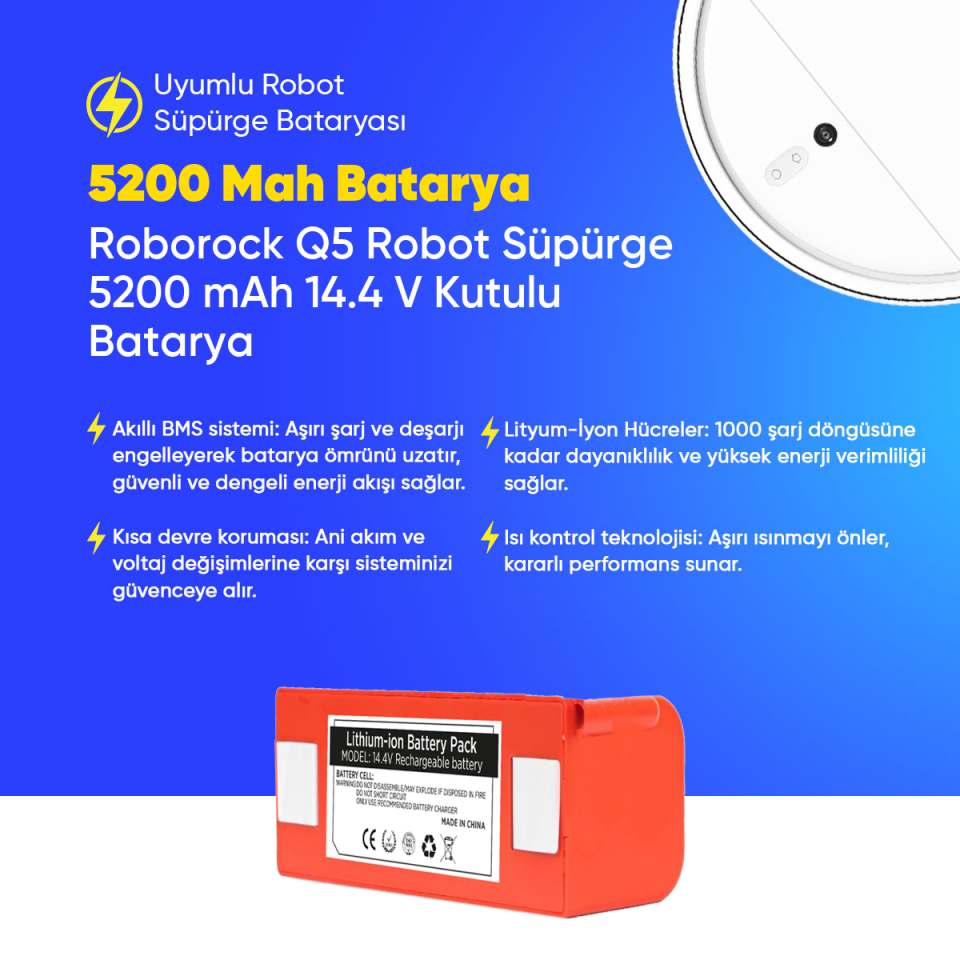 Roborock Q5 Robot Süpürge 5200 mAh 14.4 V Kutulu Batarya – Orjinal Uyumlu Uzun Ömürlü, Yüksek Performans Pil