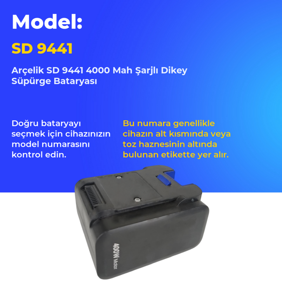 Arçelik SD 9441 4000 Mah Şarjlı Dikey Süpürge Bataryası