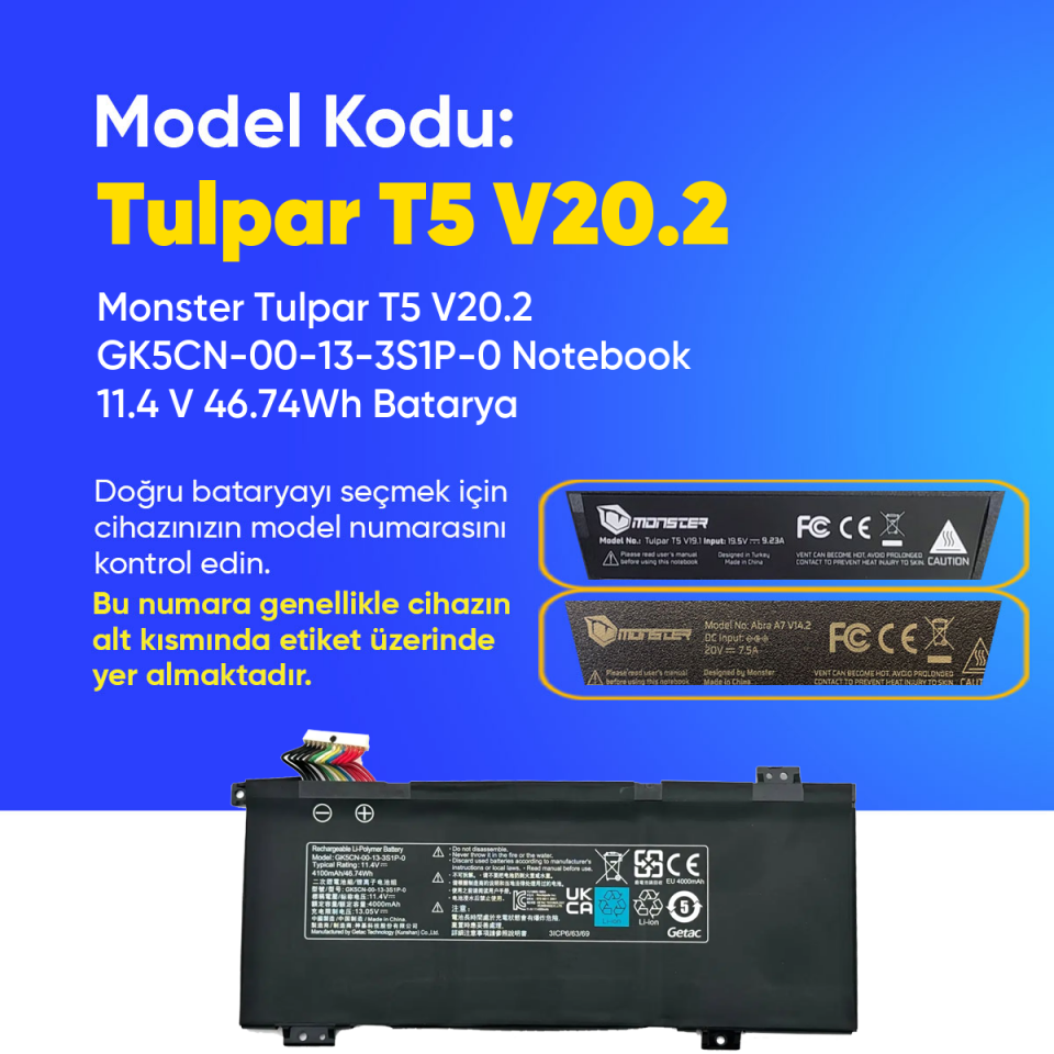 Monster Tulpar T5 V20.2 GK5CN-00-13-3S1P-0 Notebook 11.4 V 46.74Wh Batarya – Orjinal Uyumlu, Yüksek Performanslı