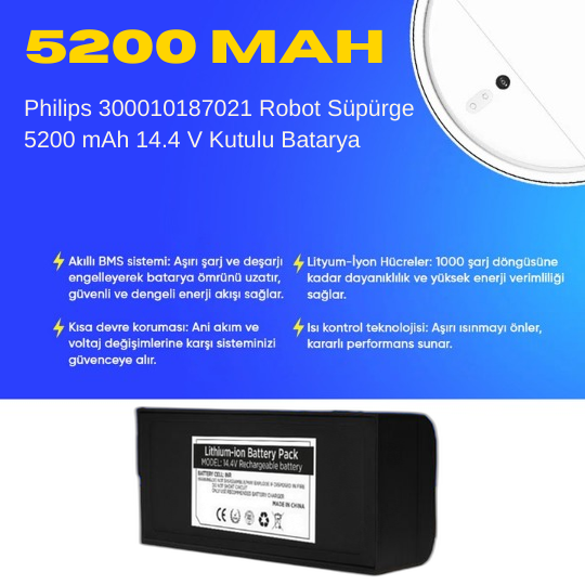 Philips 300010187021 Robot Süpürge 5200 mAh 14.4 V Kutulu Batarya – Orjinal Uyumlu Uzun Ömürlü, Yüksek Performans Pil