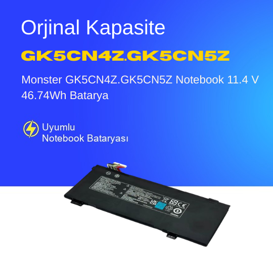 Monster GK5CN4Z.GK5CN5Z Notebook 11.4 V 46.74Wh Batarya – Orjinal Uyumlu, Yüksek Performanslı