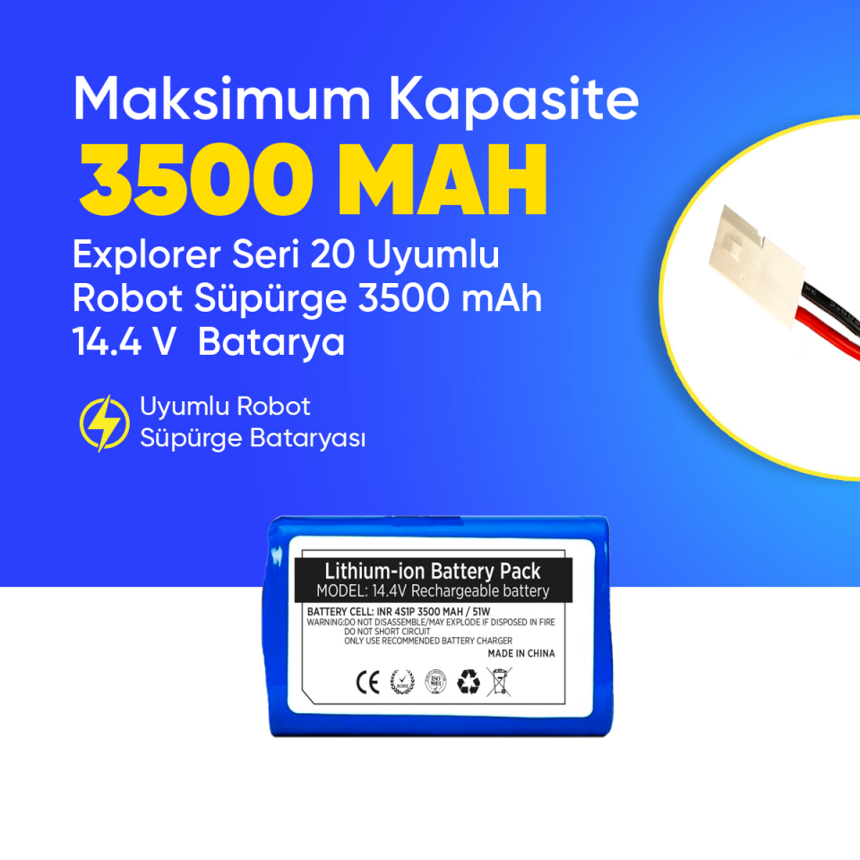 Explorer Seri 20 Uyumlu Robot Süpürge 3500 mAh 14.4 V  Batarya – Orjinal Uyumlu Uzun Ömürlü, Yüksek Performans Pil