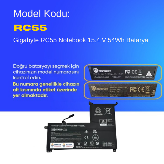 Gigabyte RC55 Notebook 15.4 V 54Wh Batarya – Orjinal Uyumlu, Yüksek Performanslı