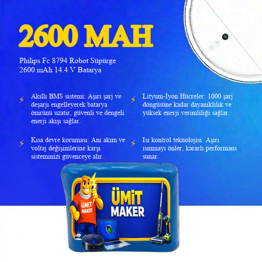 Philips  Fc 8794 Robot Süpürge 2600mAh 14.4 V Batarya – Orjinal Uyumlu Uzun Ömürlü, Yüksek Performans Pil