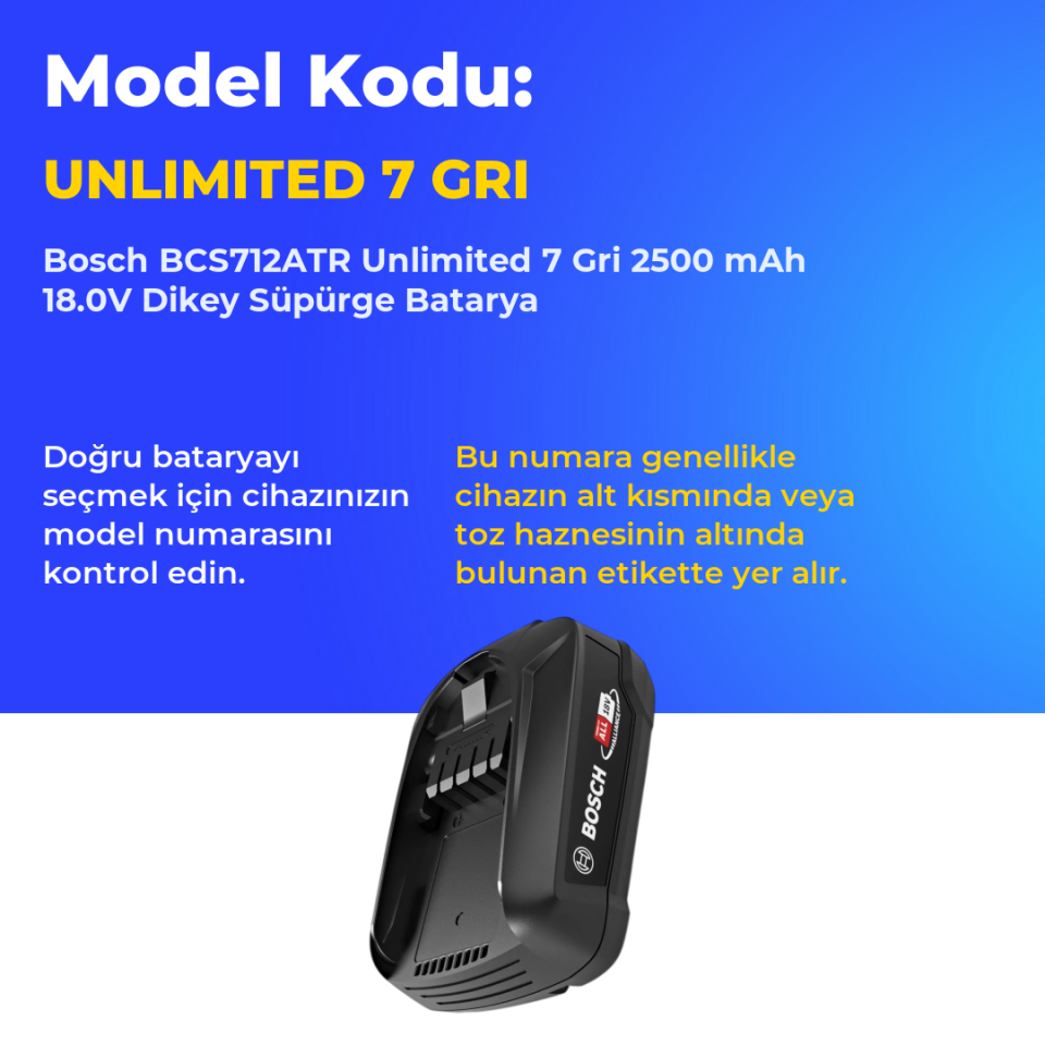 Bosch BCS712ATR Unlimited 7 Gri 2500 mAh 18.0V Dikey Süpürge Batarya